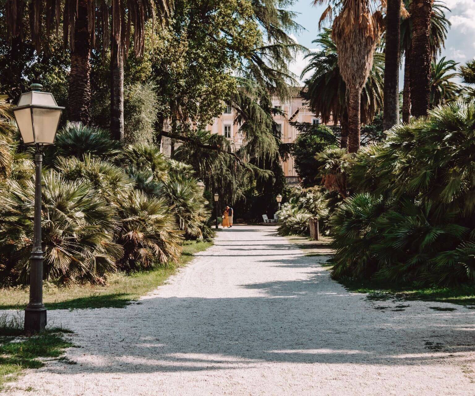 Ein Weg aus Kieselsteinen führt durch verschiedene grüne Pflanzen im Botanischen Garten in Rom.