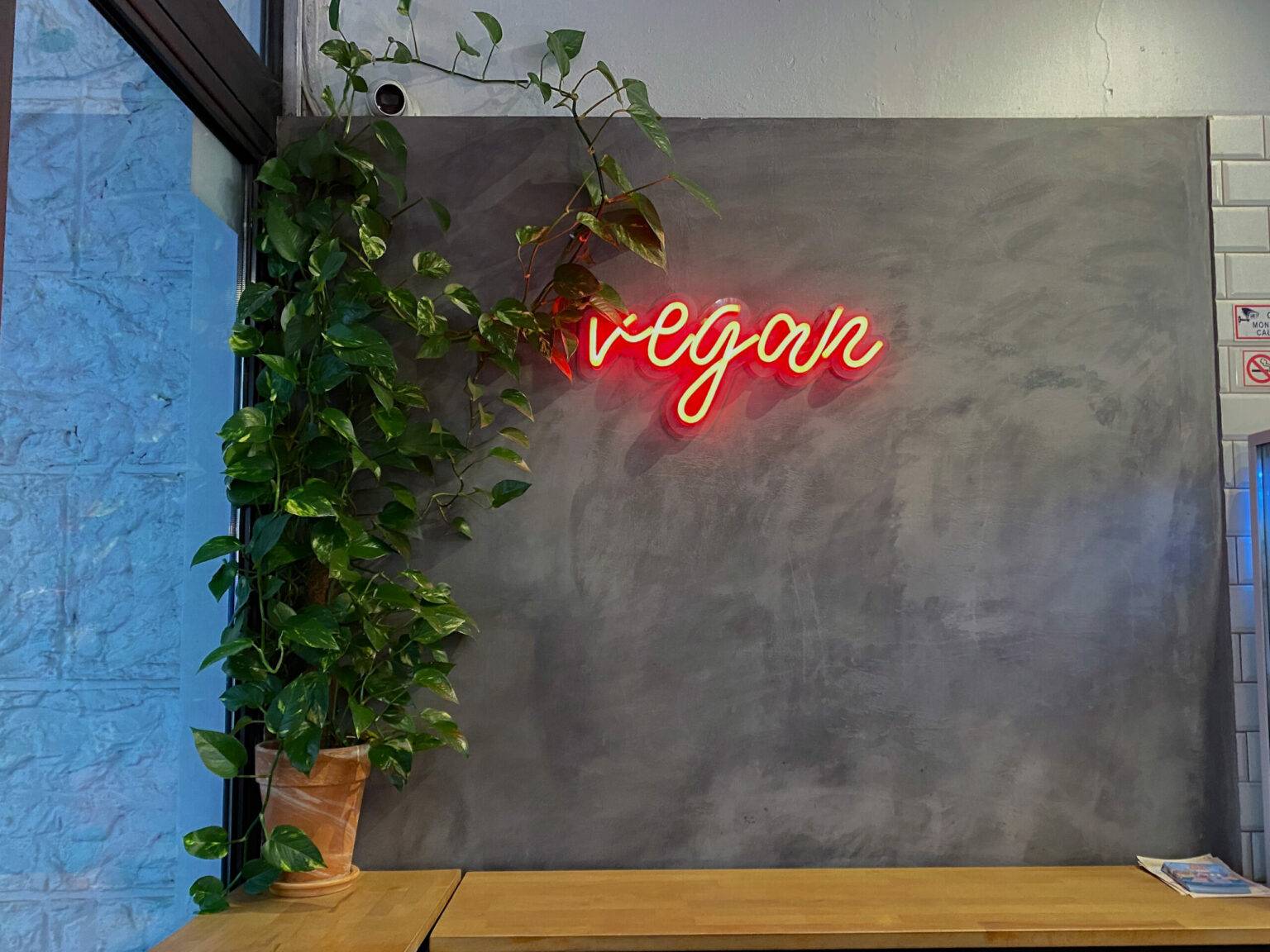 Neonlicht mit der Aufschrift "vegan" an einer grauen Wand.