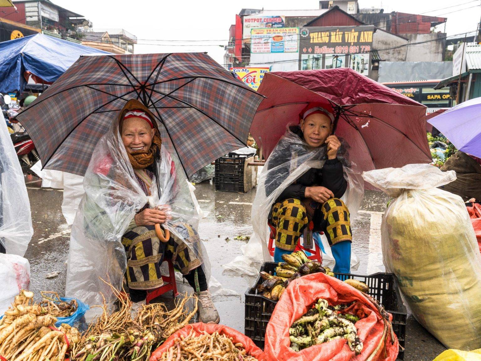 Zwei Verkäuferinnen auf dem Markt in Sa Pa schützen sich mit Regenschirmen vor dem Regen.