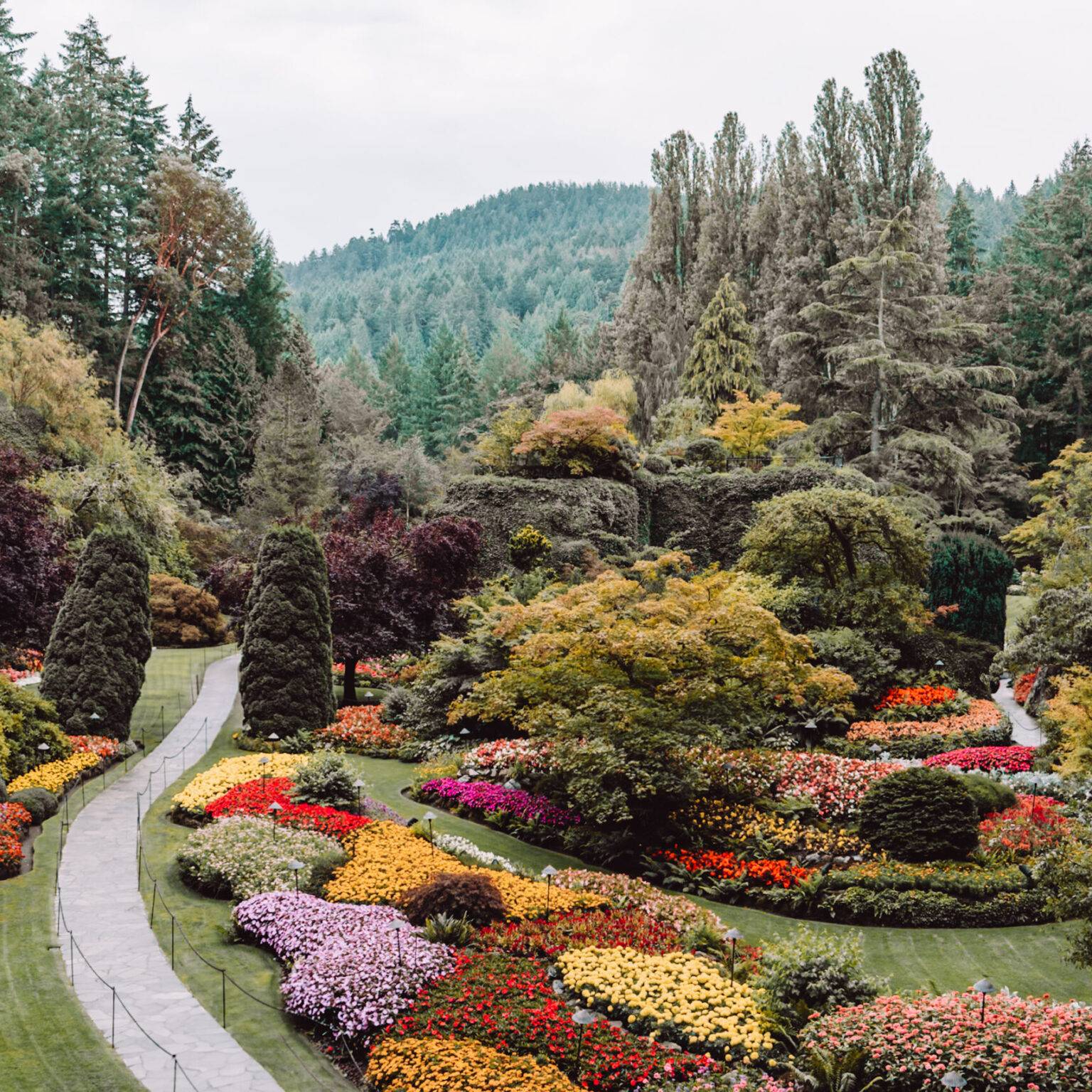 Der Butchart Garden mit vielen bunten Blumenbeeten.