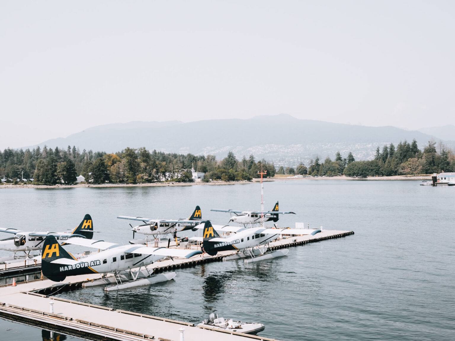 Einiger Wasserflugzeuge parken an einem Steg im Wasser.