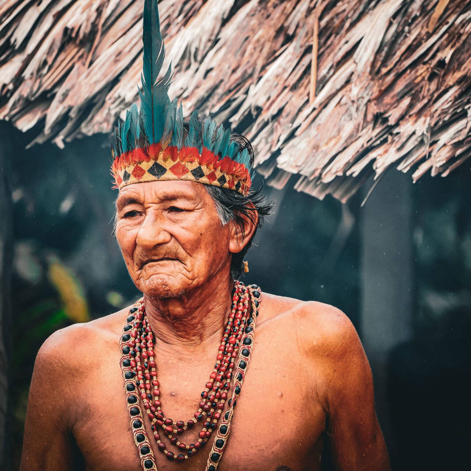 Ein indigener Mann mit Perlenketten und einem Kopfschmuck aus blauen Federn.