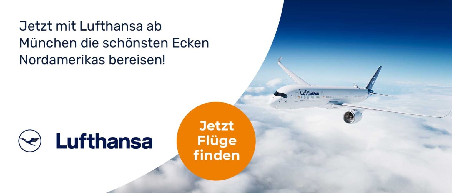 Banner der Fluglinie Lufthansa ruft zum Flügefinden auf.