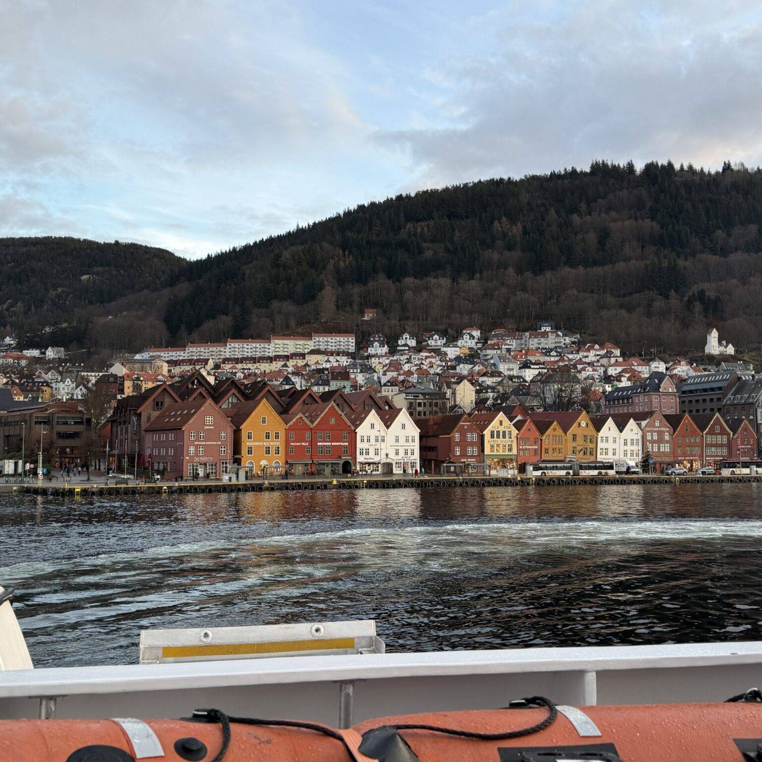 Blick auf die malerische Küste Bergens mit bunten Häusern, umgeben von Bergen und Wasser.