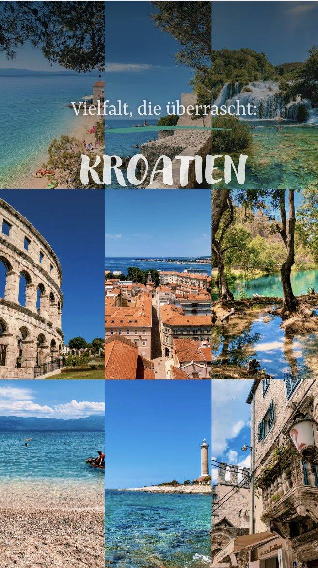 Kollage mit sechs Motiven aus Kroatien: Strand, antike Ruinen, türkisfarbenes Meer, Leuchtturm und historische Gebäude.